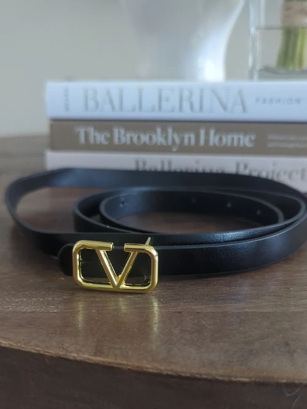 V Black Leather Belt with Gold 'V' Buckle
